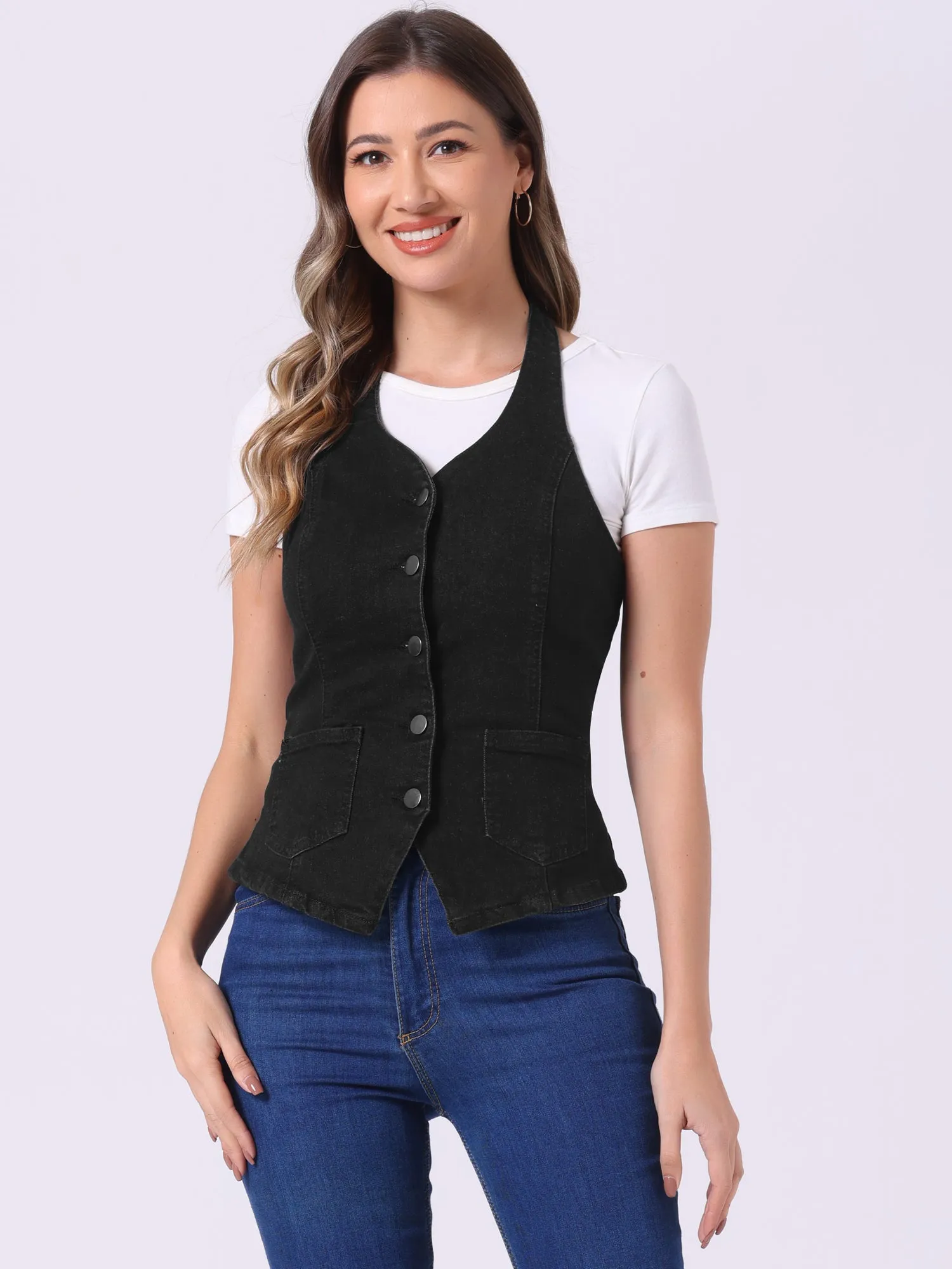 Denim Vest Halter Neck Button Down Backless Jean Waistcoat