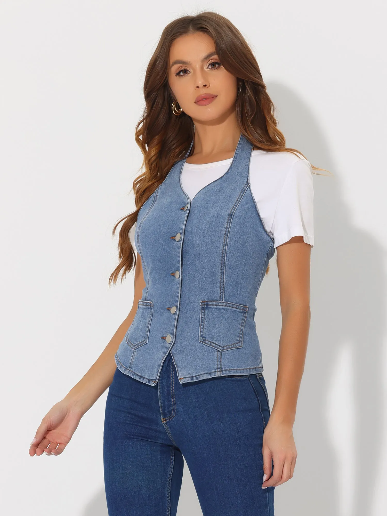 Denim Vest Halter Neck Button Down Backless Jean Waistcoat