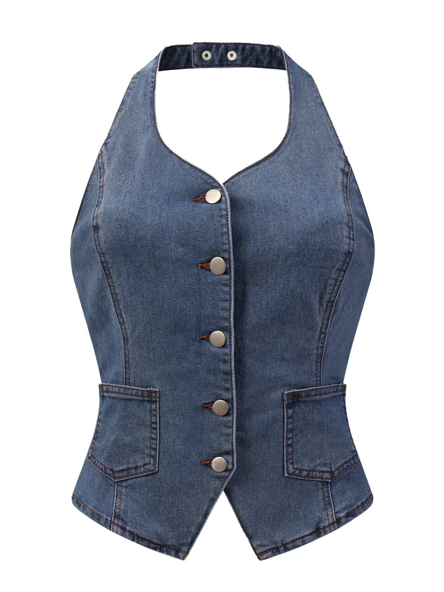 Denim Vest Halter Neck Button Down Backless Jean Waistcoat