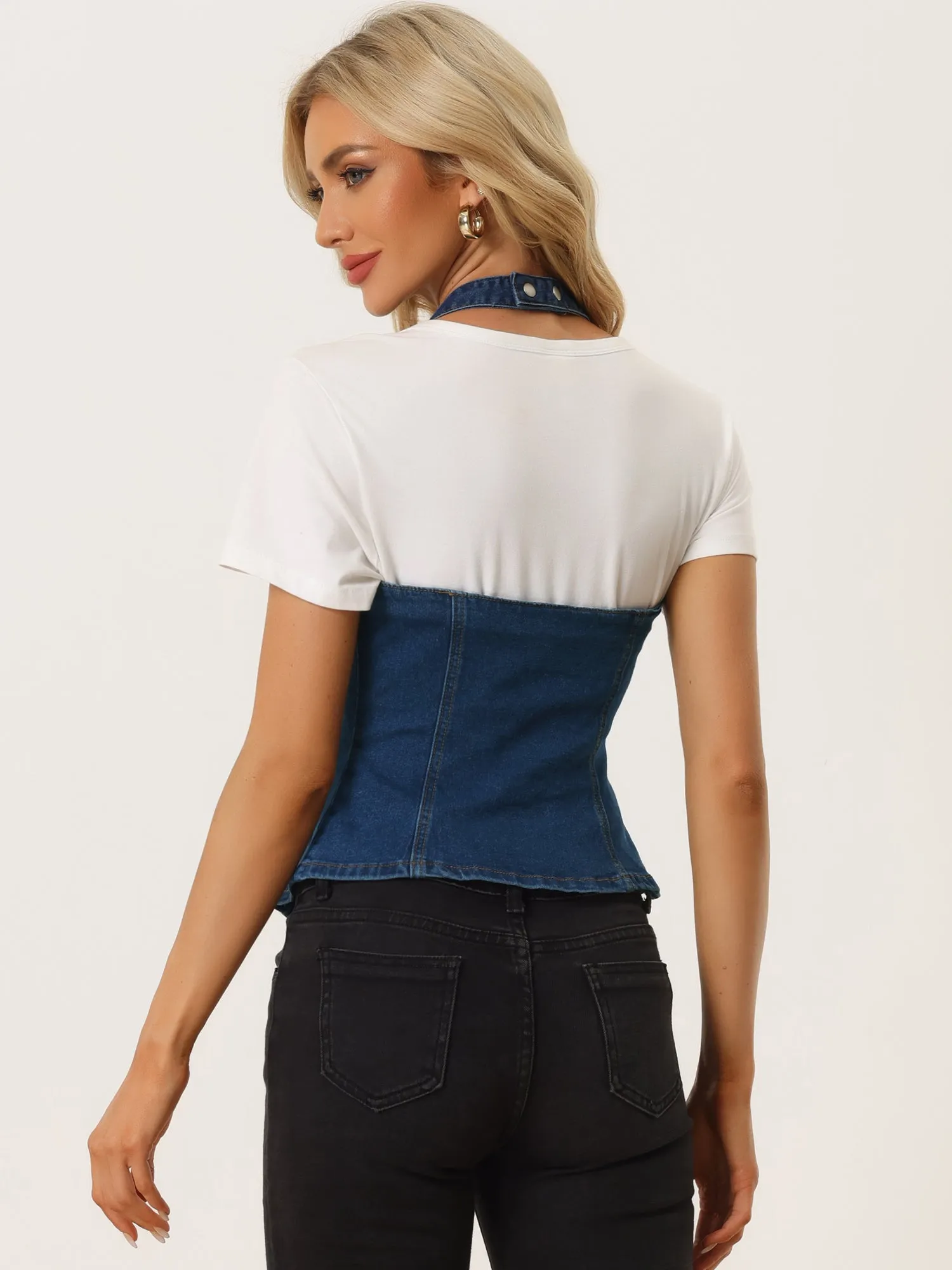 Denim Vest Halter Neck Button Down Backless Jean Waistcoat