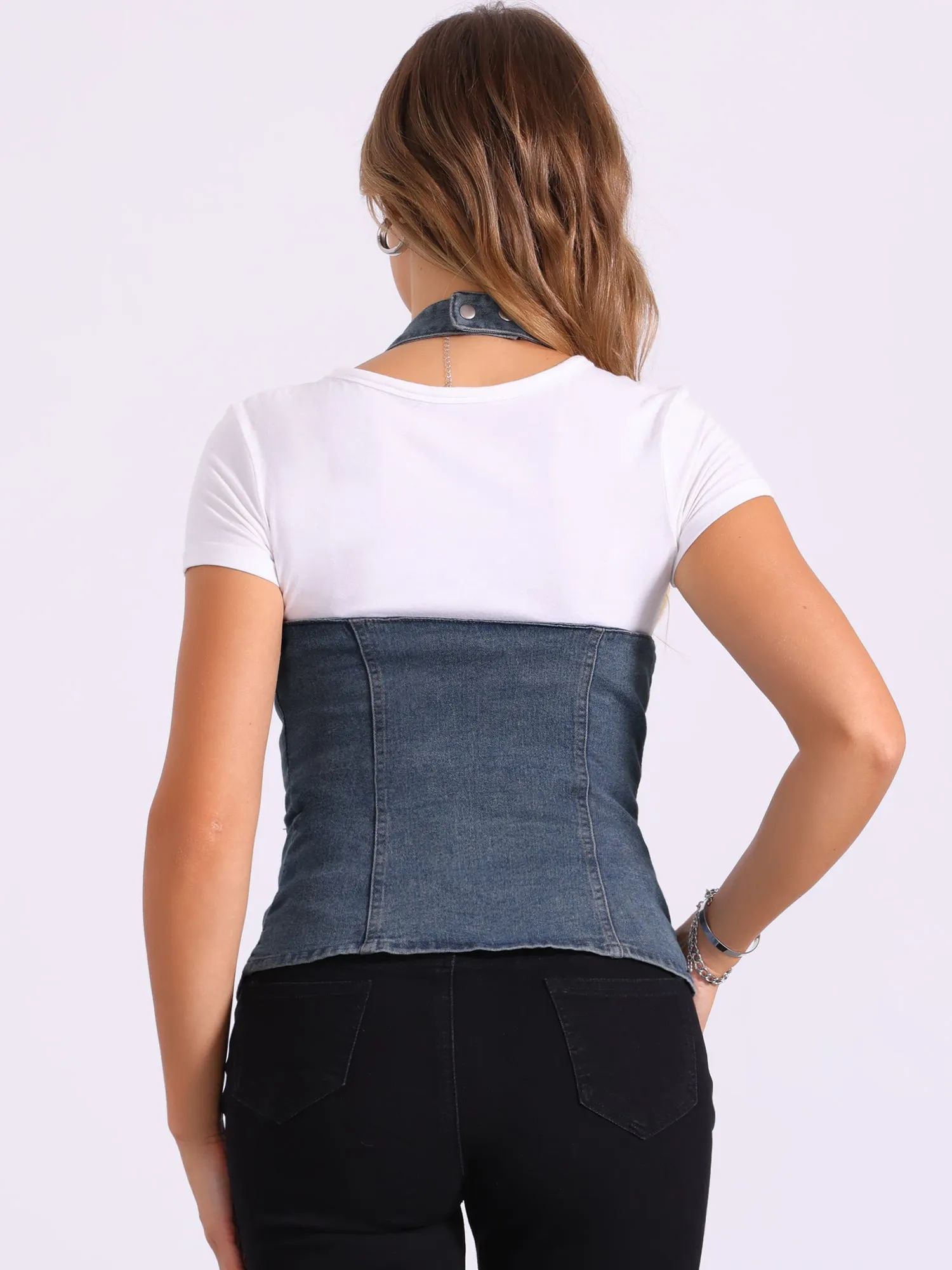Denim Vest Halter Neck Button Down Backless Jean Waistcoat