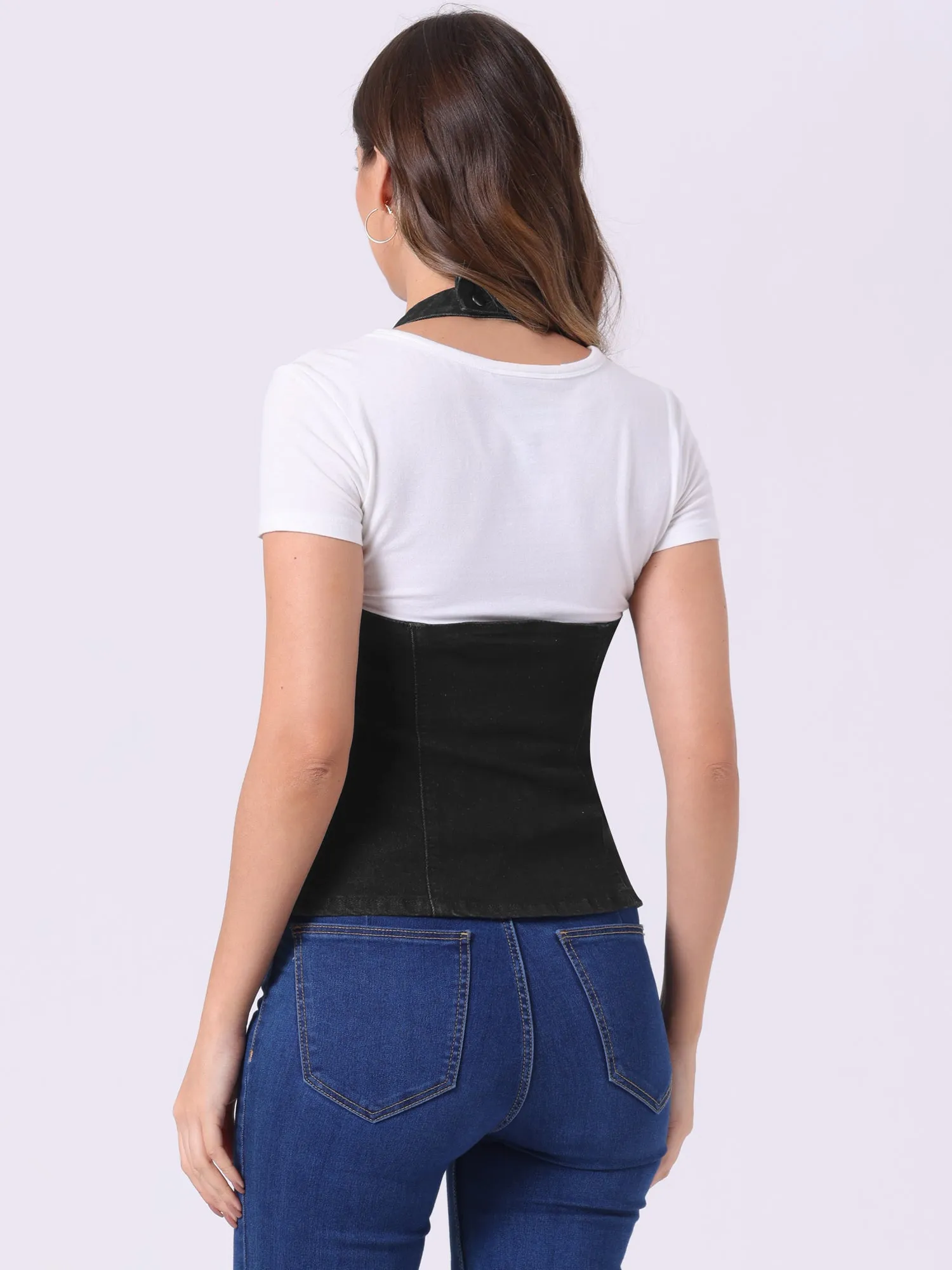 Denim Vest Halter Neck Button Down Backless Jean Waistcoat