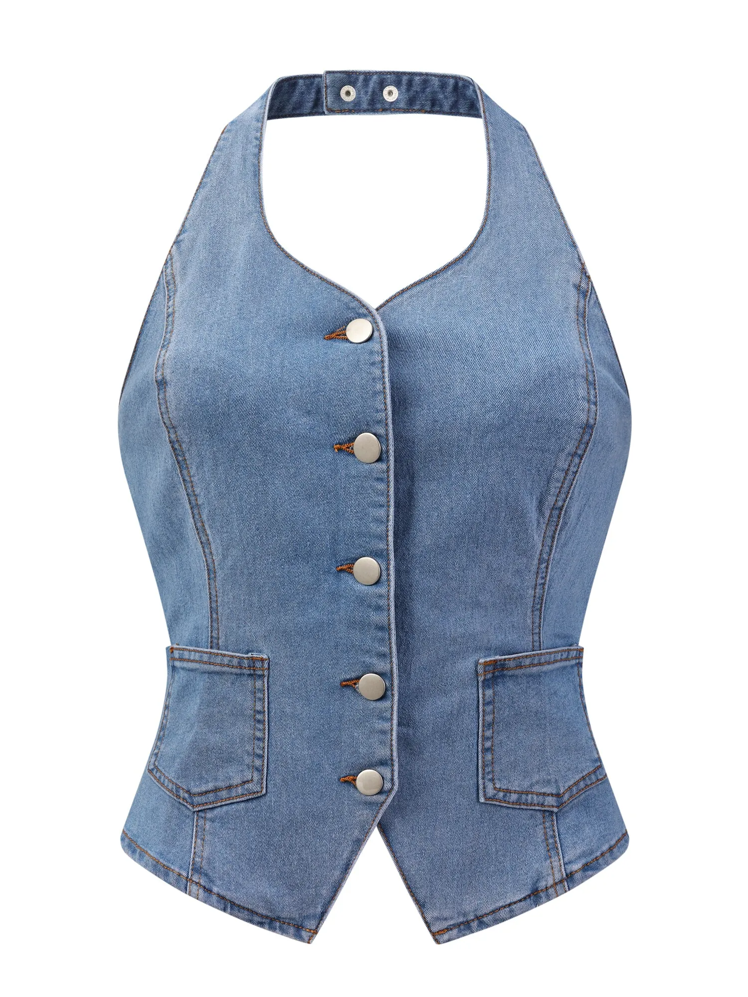 Denim Vest Halter Neck Button Down Backless Jean Waistcoat