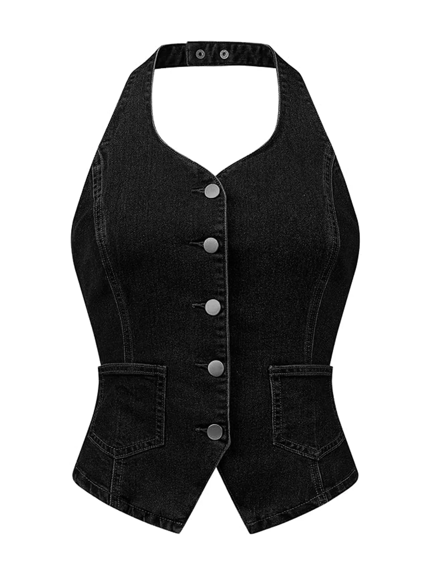 Denim Vest Halter Neck Button Down Backless Jean Waistcoat