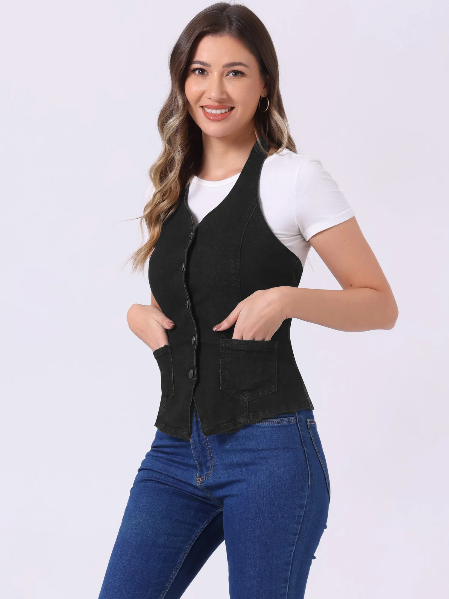 Denim Vest Halter Neck Button Down Backless Jean Waistcoat