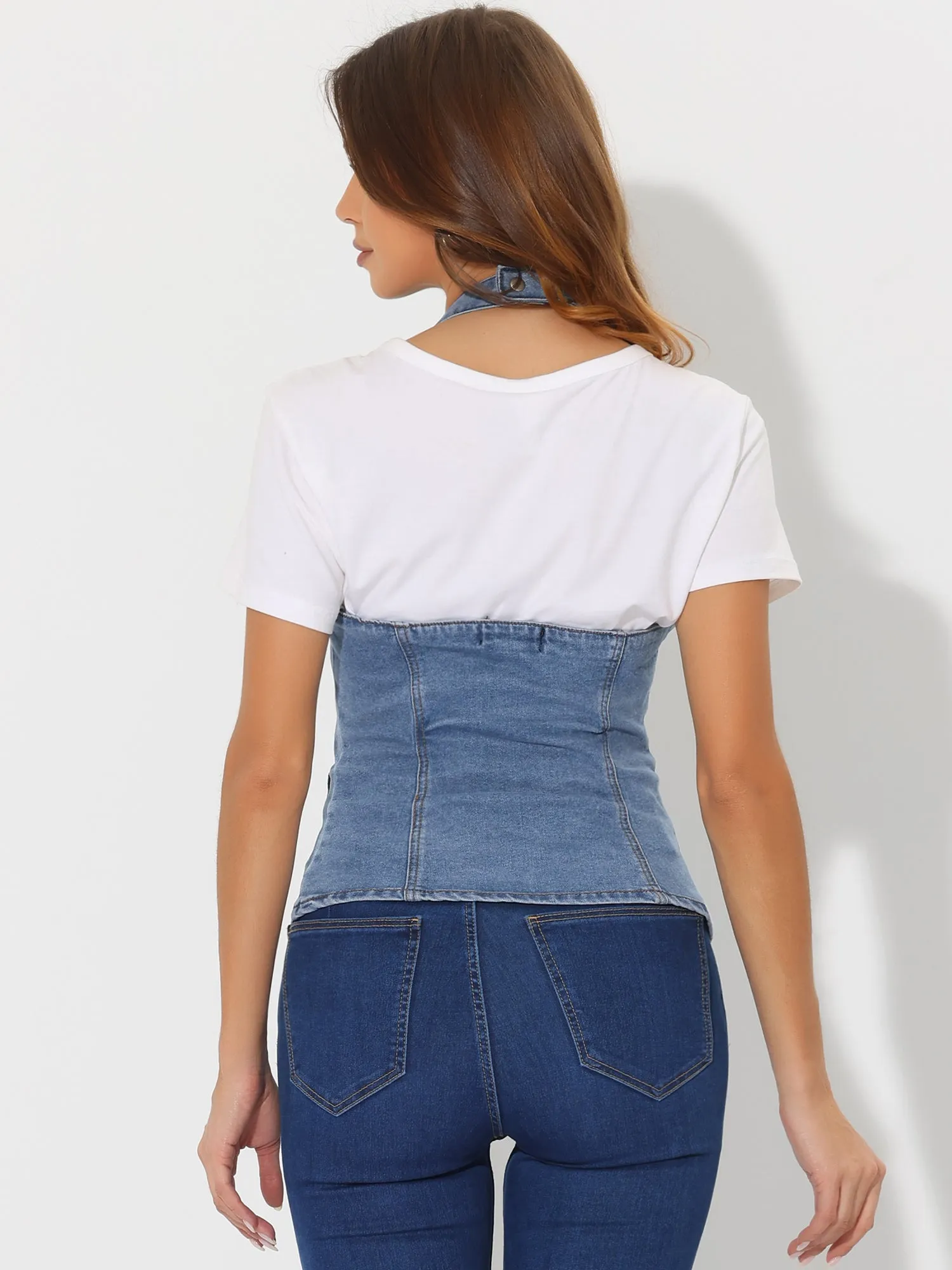 Denim Vest Halter Neck Button Down Backless Jean Waistcoat