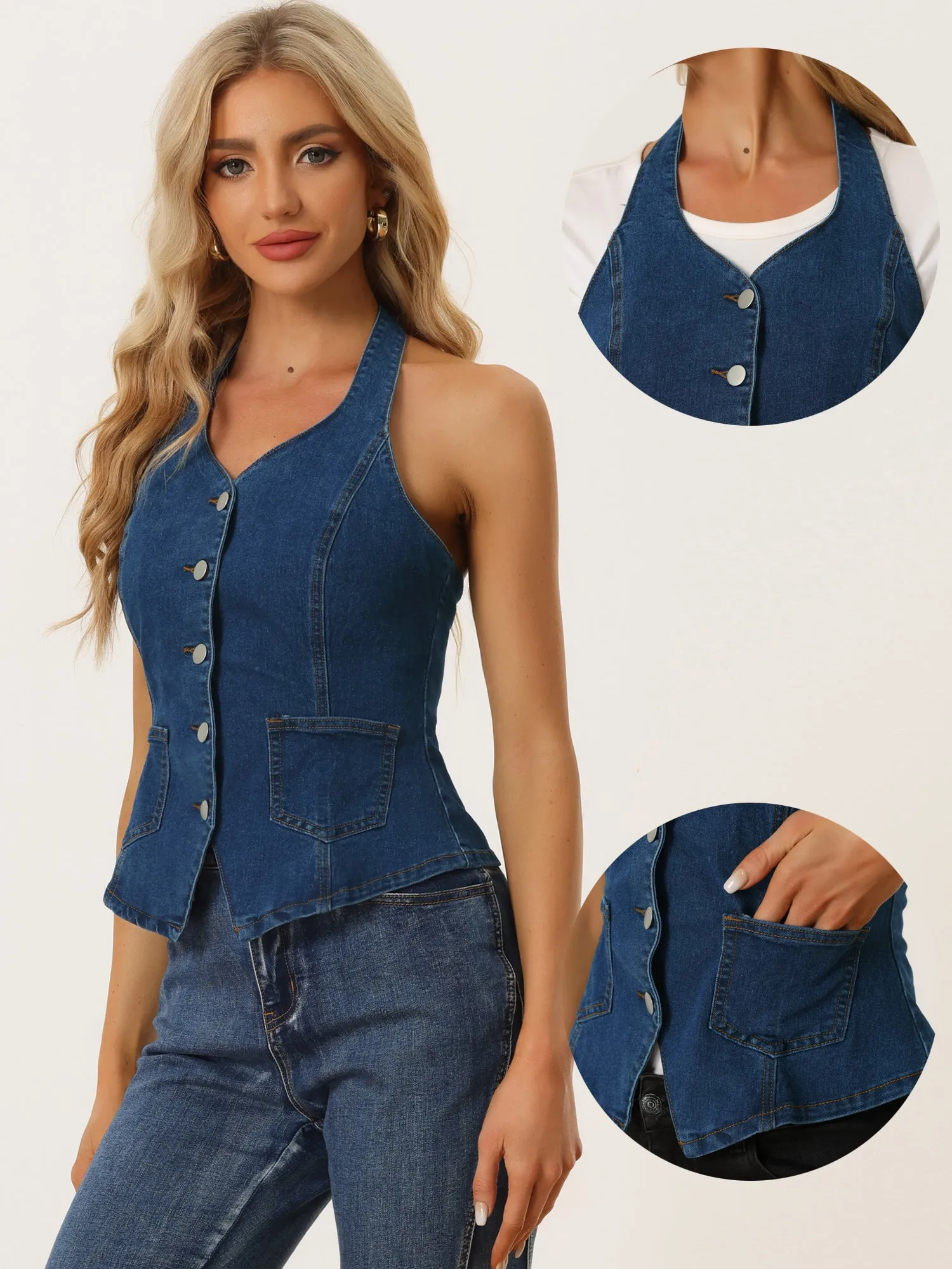 Denim Vest Halter Neck Button Down Backless Jean Waistcoat