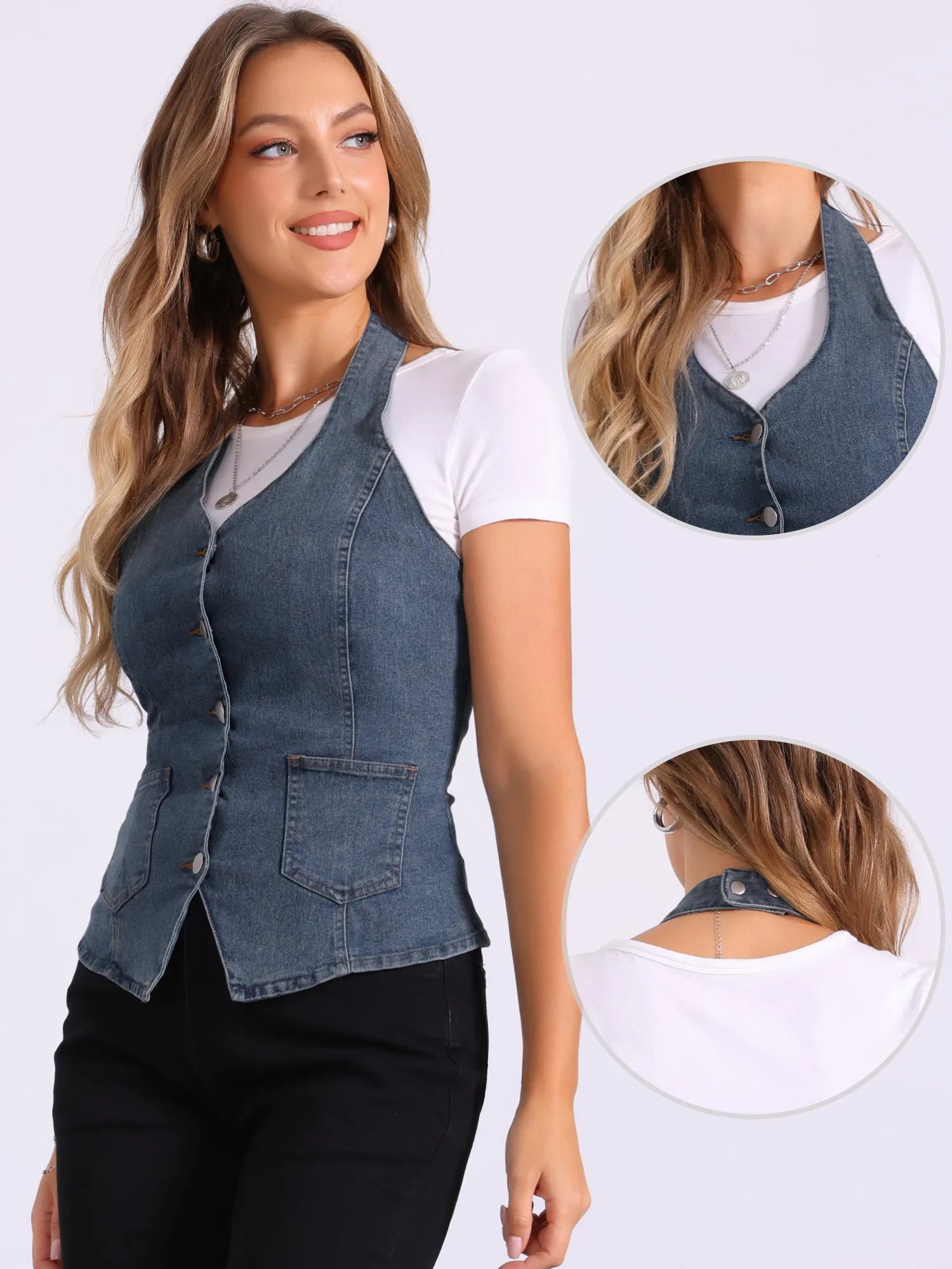 Denim Vest Halter Neck Button Down Backless Jean Waistcoat