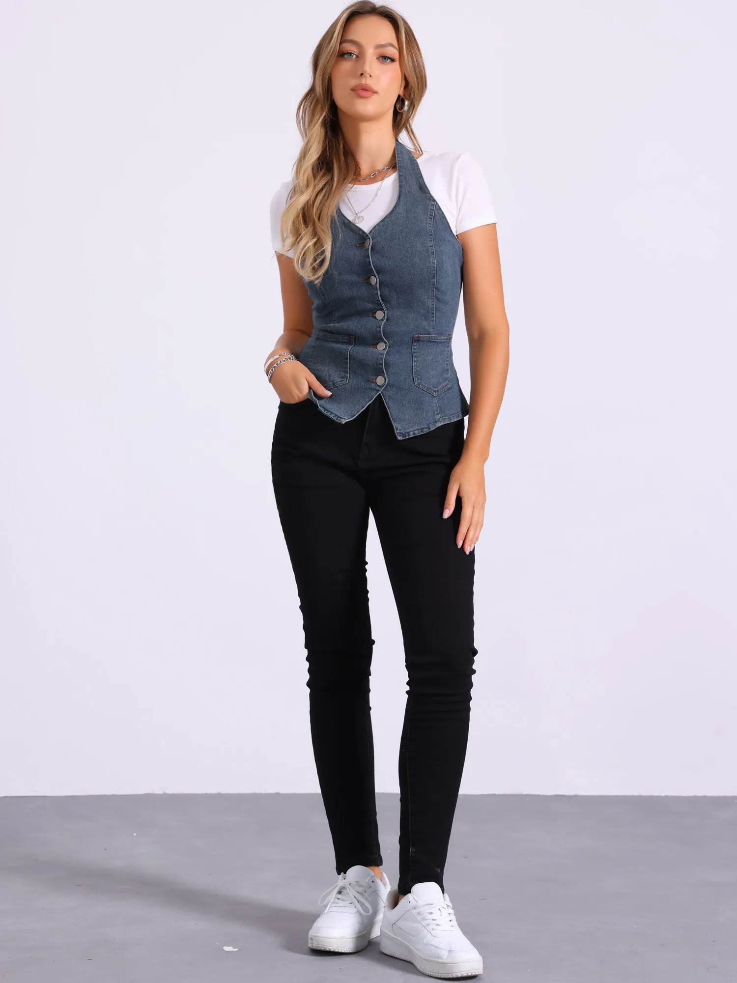 Denim Vest Halter Neck Button Down Backless Jean Waistcoat