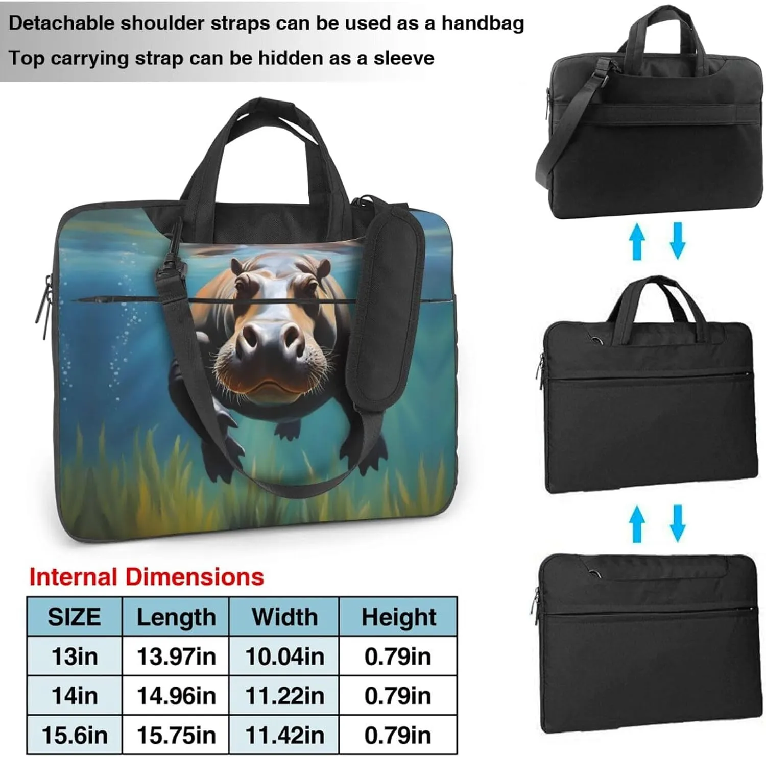 Diving Hippo pattern Fashionable and ultra-thin shoulder laptop bag Shockproof soft lining