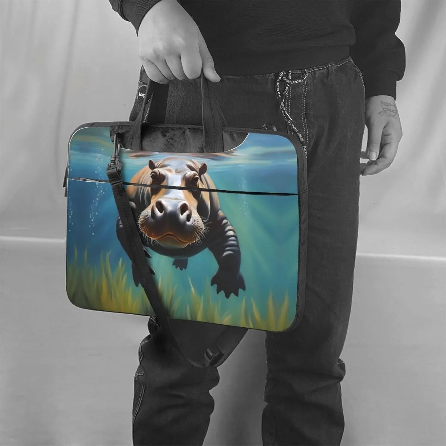 Diving Hippo pattern Fashionable and ultra-thin shoulder laptop bag Shockproof soft lining