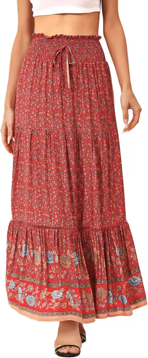 Durio Boho Skirts for Women High Waisted Maxi Skirts for Women Long Floral Skirt for Summer Red S