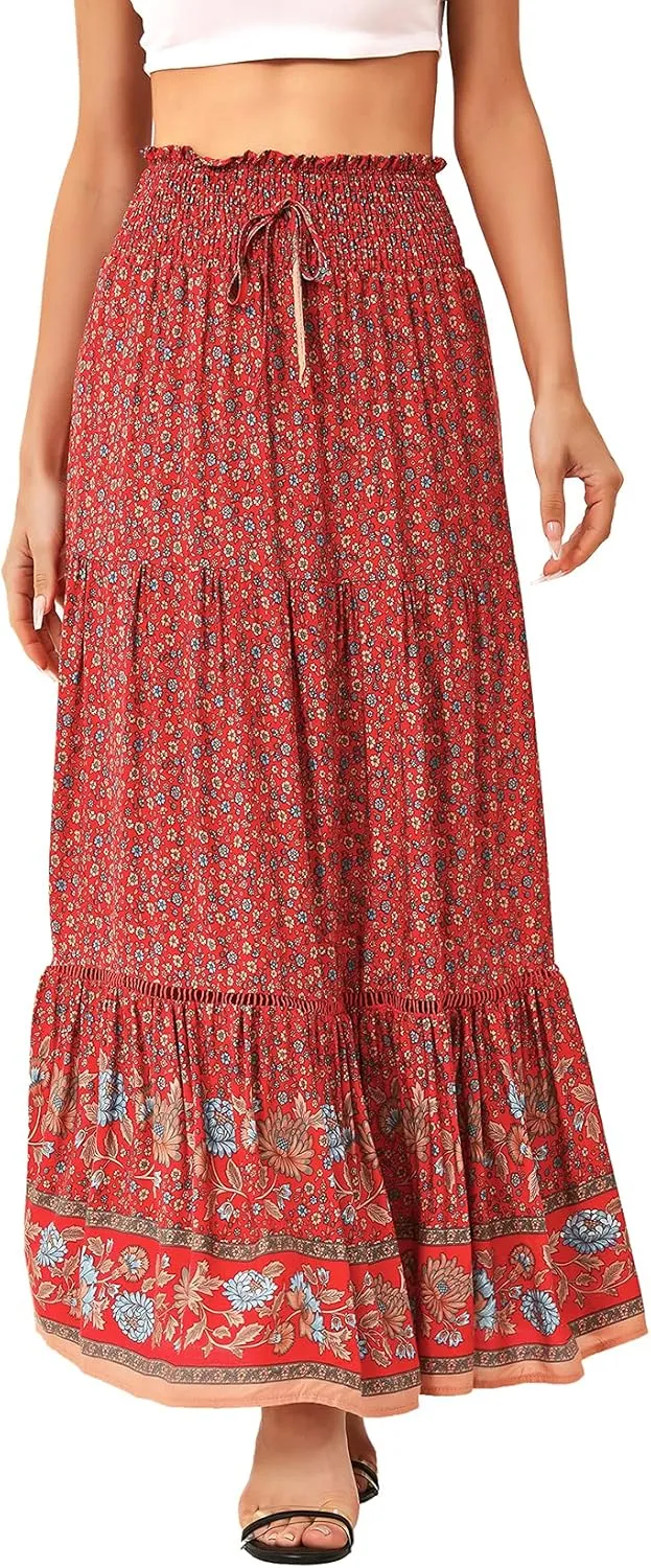 Durio Boho Skirts for Women High Waisted Maxi Skirts for Women Long Floral Skirt for Summer Red S