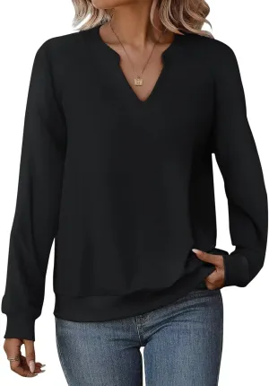 EADINVE Women Casual Long Sleeve V Neck Sweatshirts Cute Loose Fit Lightweight Pullover Tops