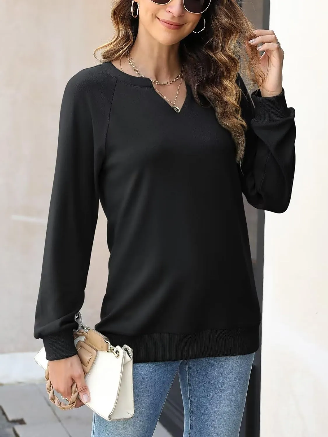 EADINVE Women Casual Long Sleeve V Neck Sweatshirts Cute Loose Fit Lightweight Pullover Tops