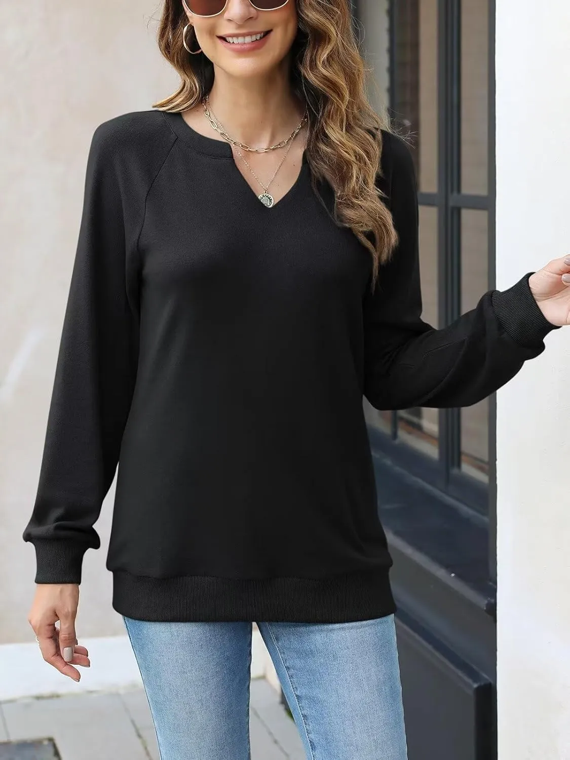EADINVE Women Casual Long Sleeve V Neck Sweatshirts Cute Loose Fit Lightweight Pullover Tops