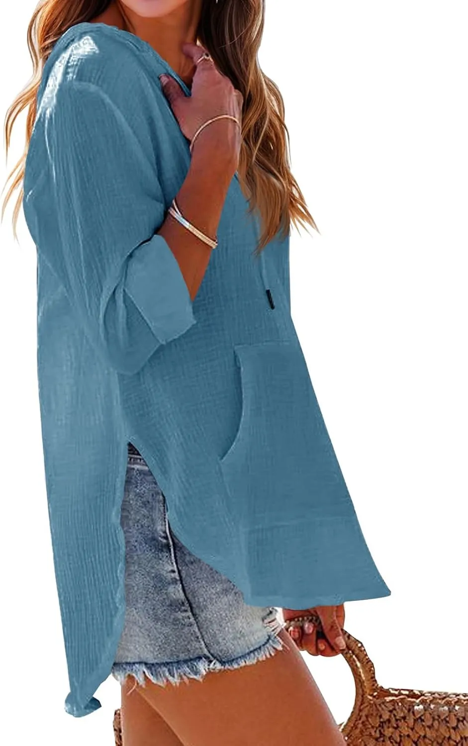 Ebifin Women's Beach Cover Up hoodies sweatshirt Long Sleeve V Neck Pocketed Hooded Shirt Top