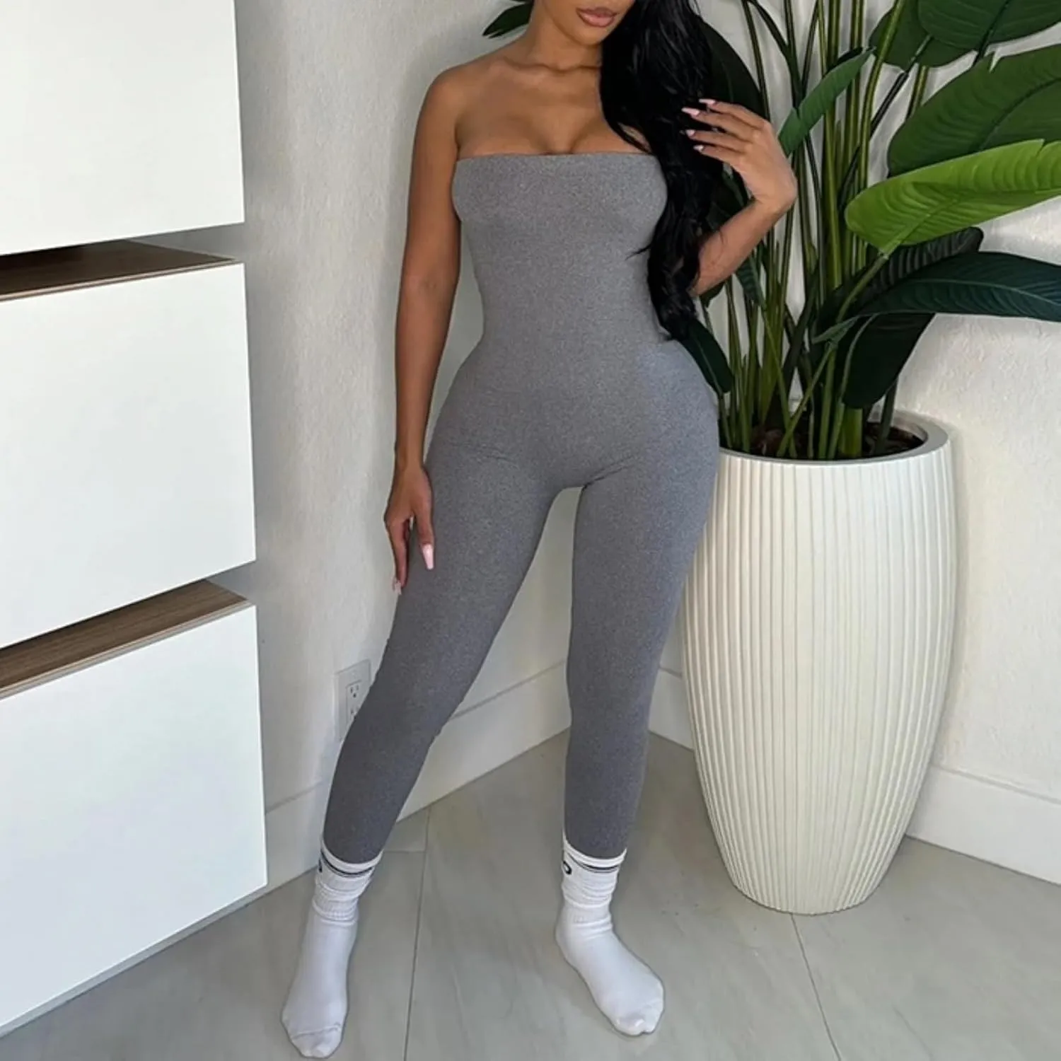 ECHOINE Women Sexy Bodycon Sleeveless Jumpsuit Off Shoulder Tube Top Skinny Pant Romper S-L