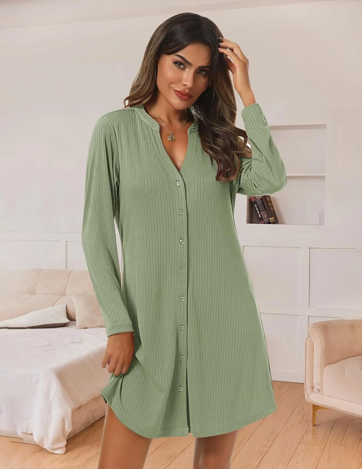 Ekouaer Nightgowns for Women Button Down Night Shirt Long Sleeve Ribbed Knit V-Neck Sleepwear Pajama Dress