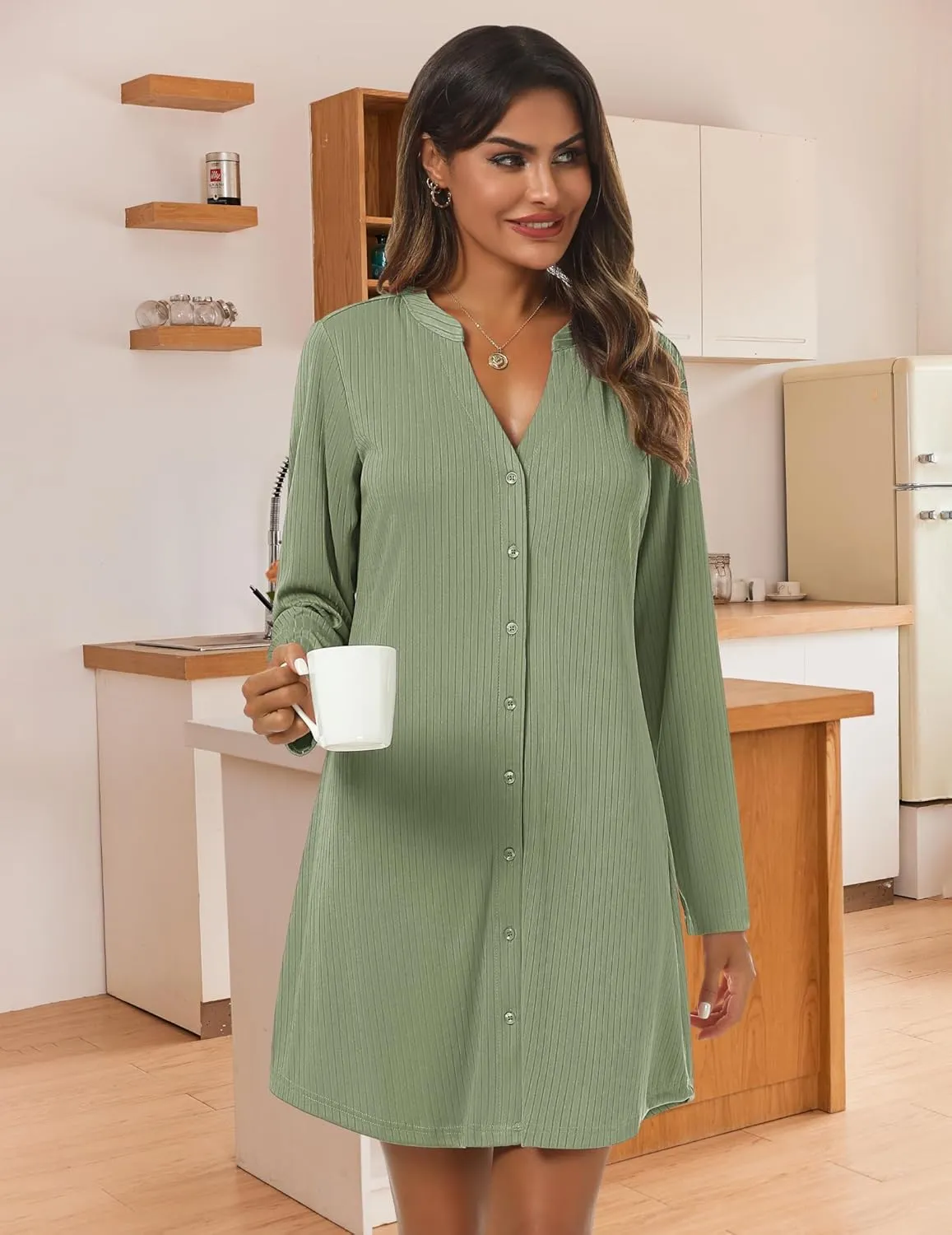 Ekouaer Nightgowns for Women Button Down Night Shirt Long Sleeve Ribbed Knit V-Neck Sleepwear Pajama Dress