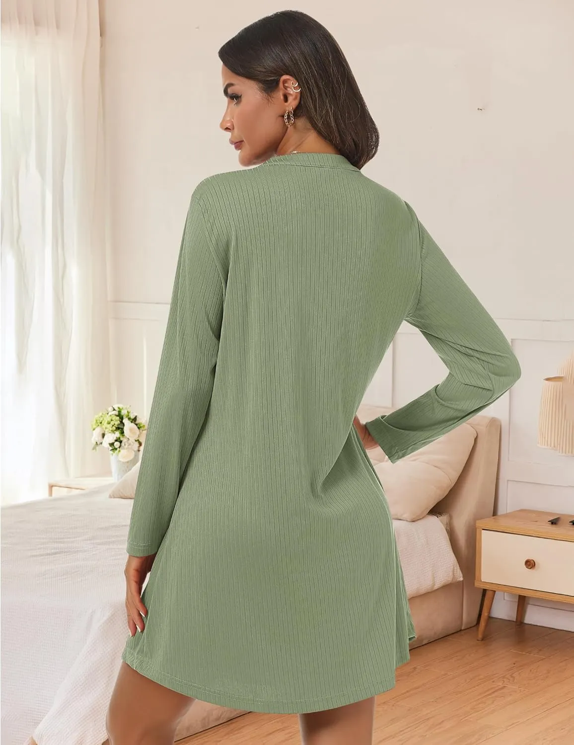 Ekouaer Nightgowns for Women Button Down Night Shirt Long Sleeve Ribbed Knit V-Neck Sleepwear Pajama Dress