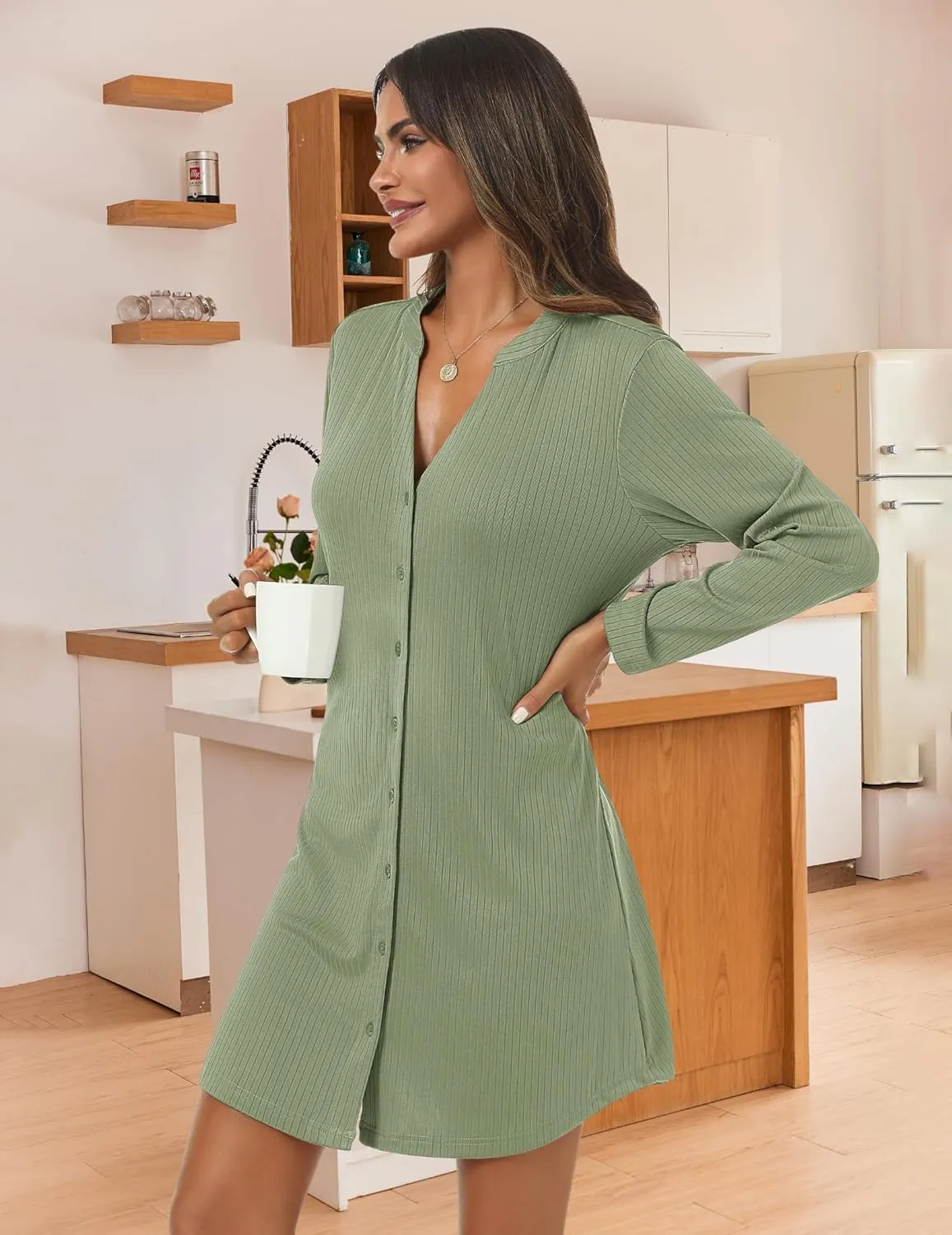 Ekouaer Nightgowns for Women Button Down Night Shirt Long Sleeve Ribbed Knit V-Neck Sleepwear Pajama Dress