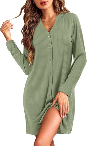 Ekouaer Nightgowns for Women Button Down Night Shirt Long Sleeve Ribbed Knit V-Neck Sleepwear Pajama Dress