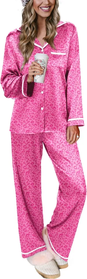 Ekouaer Satin Pajamas for Women Set 2 Piece Long Sleeve Button Up Sleepwear Silky PJ Pants Sets Soft Comfy Loungewear