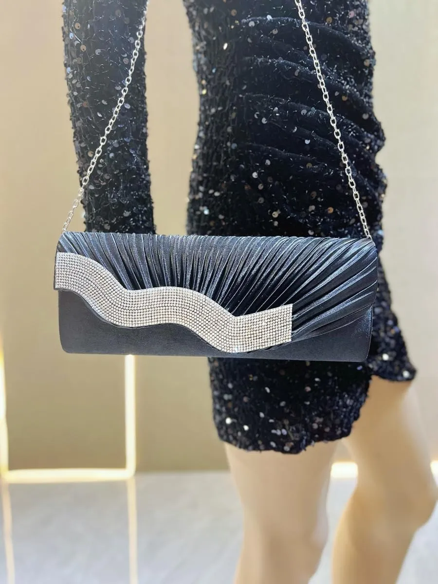 Elegant Evening Clutch with Silk Pleats and Diamond Embellishments Fashionable Shoulder Bag for Evening Parties
