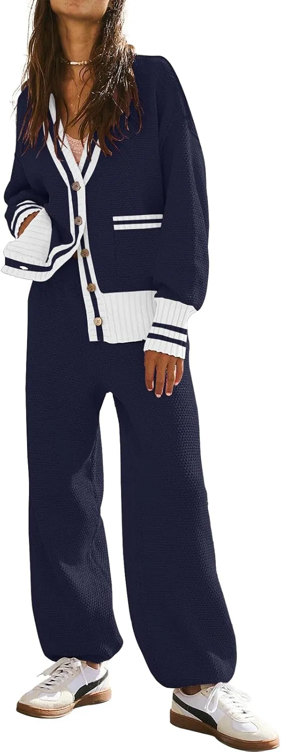 ETCYY NEW Women's 2 Piece Outfit Lounge Set Trendy Cardigan Sweater Pants Sets V Neck Button Pocket Knit Matching Loungewear