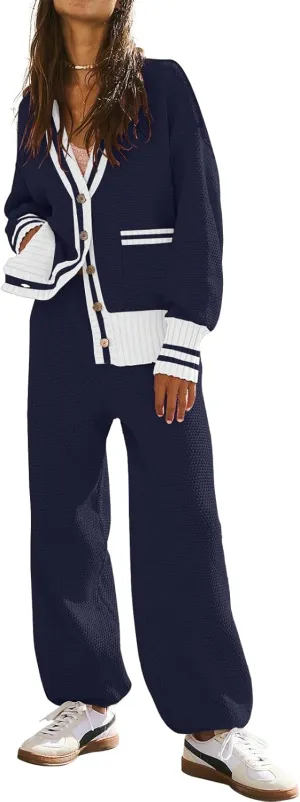 ETCYY NEW Women's 2 Piece Outfit Lounge Set Trendy Cardigan Sweater Pants Sets V Neck Button Pocket Knit Matching Loungewear