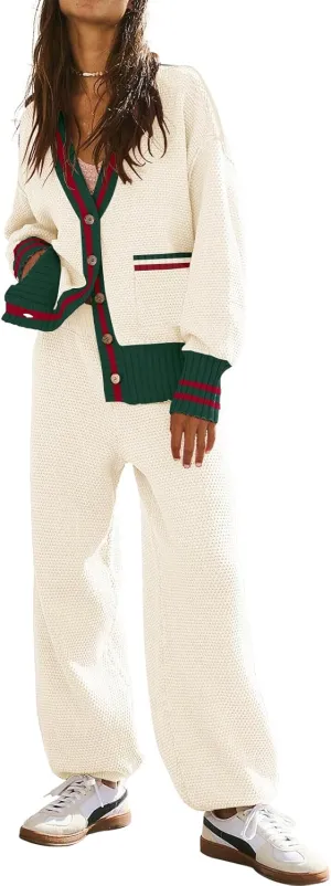 ETCYY NEW Women's 2 Piece Outfit Lounge Set Trendy Cardigan Sweater Pants Sets V Neck Button Pocket Knit Matching Loungewear