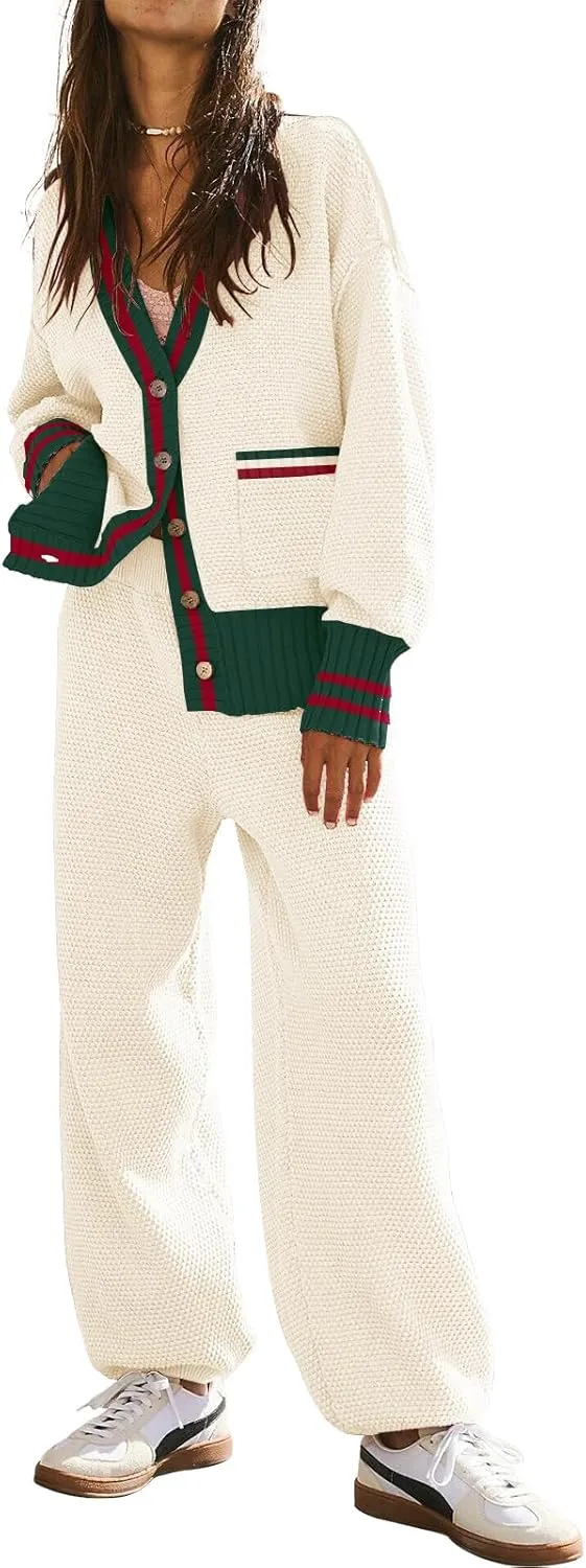 ETCYY NEW Women's 2 Piece Outfit Lounge Set Trendy Cardigan Sweater Pants Sets V Neck Button Pocket Knit Matching Loungewear