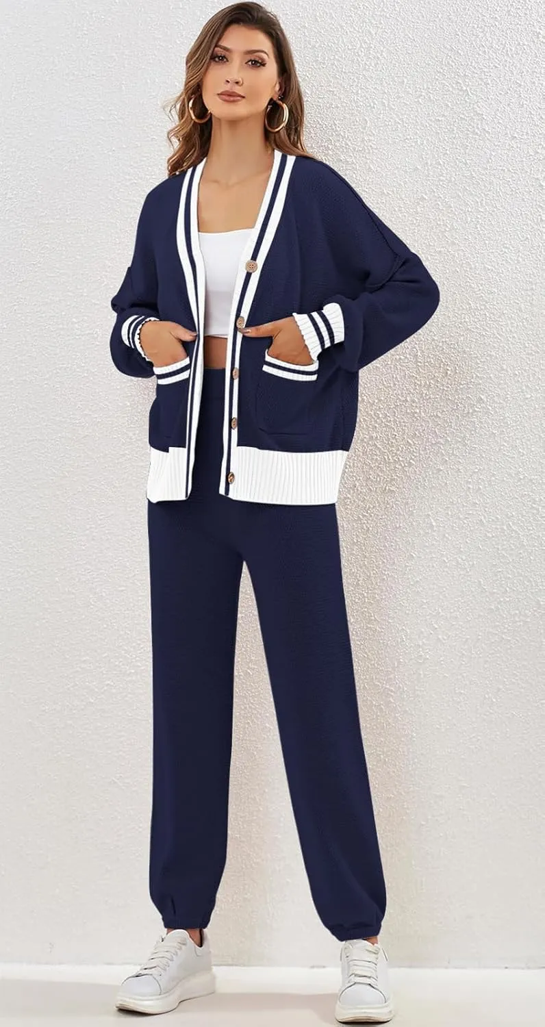 ETCYY NEW Women's 2 Piece Outfit Lounge Set Trendy Cardigan Sweater Pants Sets V Neck Button Pocket Knit Matching Loungewear