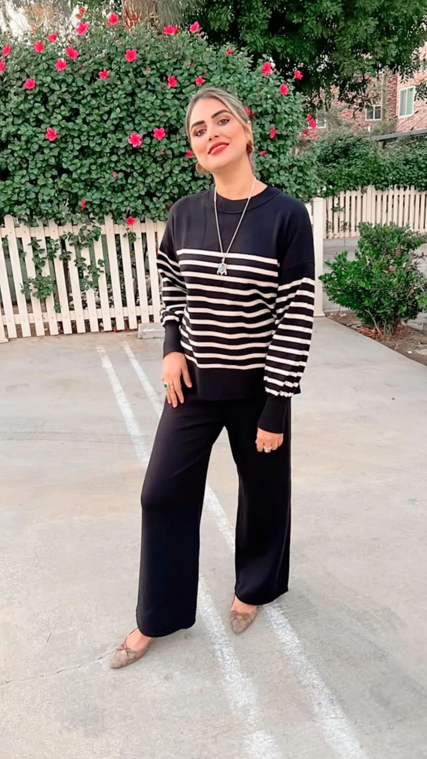ETCYY NEW Womens Elegant Lounge Sets Knitted Sweatsuit Sets 2 Piece Outfits with Sweater Tops and Wide Leg Sweatpants