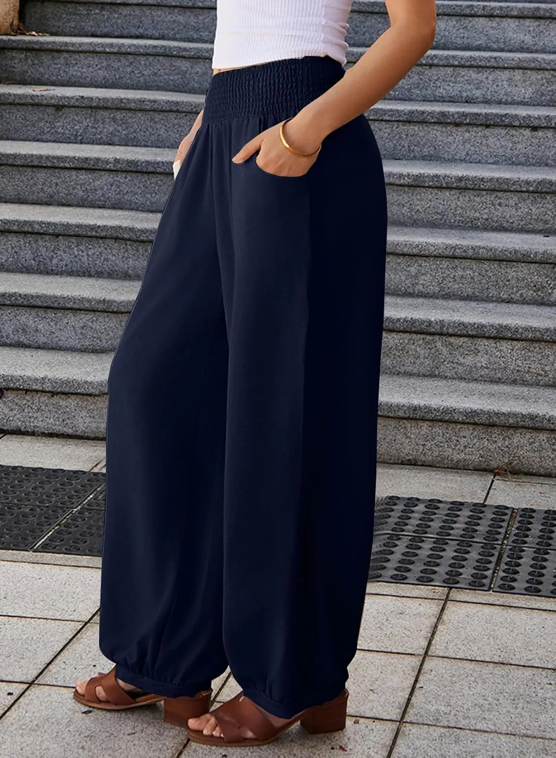 EVALESS Women's Wide Leg Baggy Pants Elastic High Waisted Casual Harem Pants Trousers with Pockets
