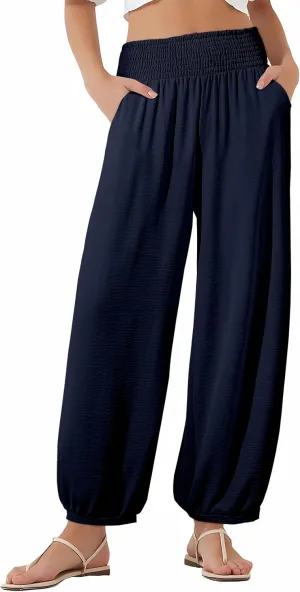 EVALESS Women's Wide Leg Baggy Pants Elastic High Waisted Casual Harem Pants Trousers with Pockets