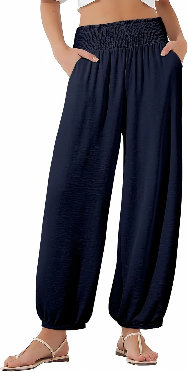 EVALESS Women's Wide Leg Baggy Pants Elastic High Waisted Casual Harem Pants Trousers with Pockets