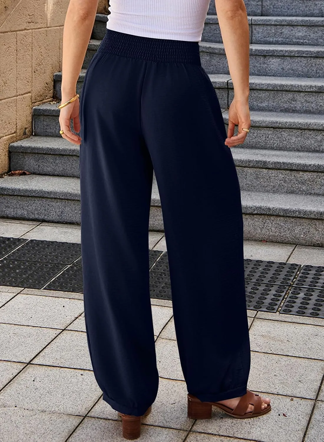 EVALESS Women's Wide Leg Baggy Pants Elastic High Waisted Casual Harem Pants Trousers with Pockets