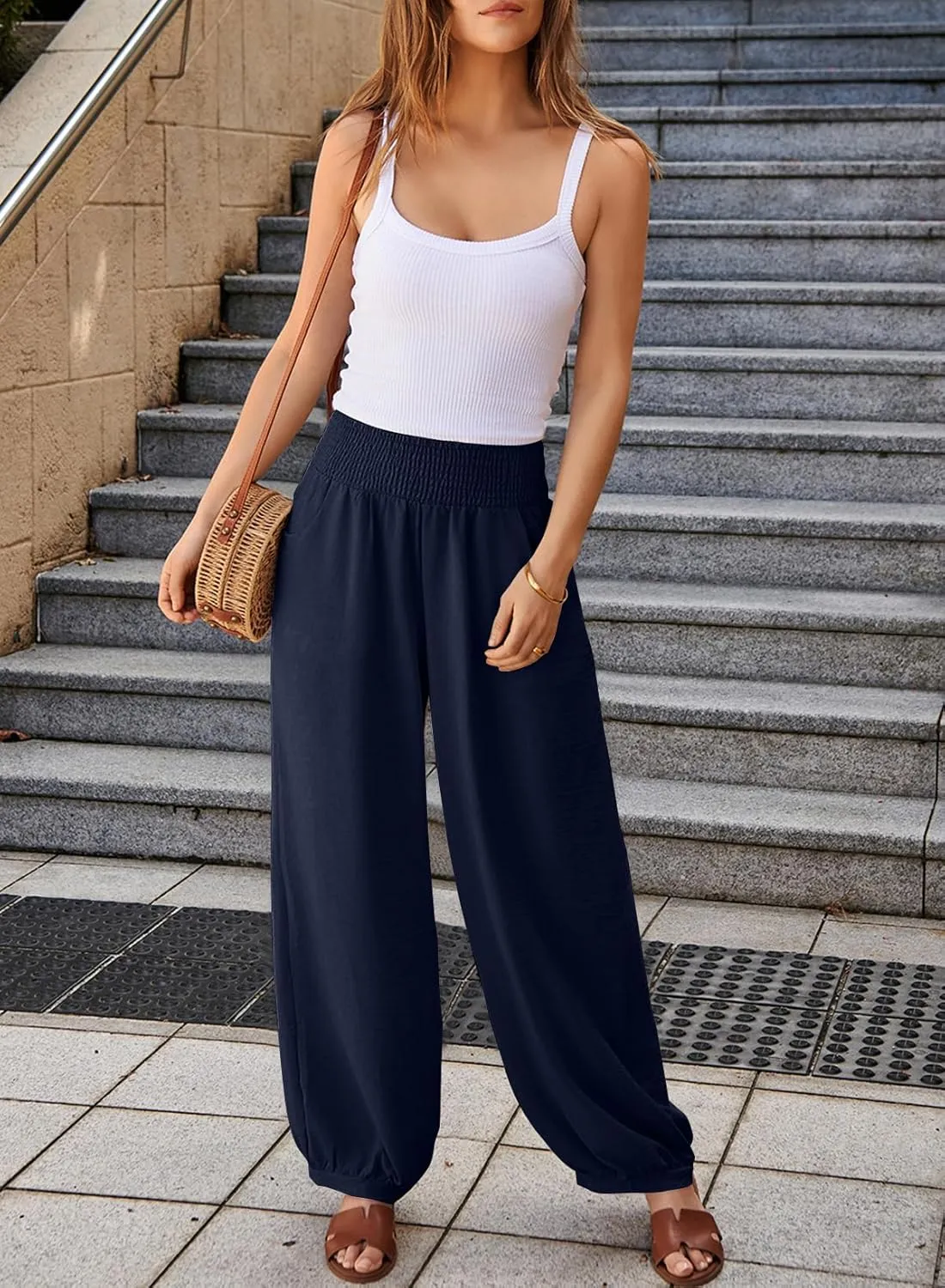 EVALESS Women's Wide Leg Baggy Pants Elastic High Waisted Casual Harem Pants Trousers with Pockets