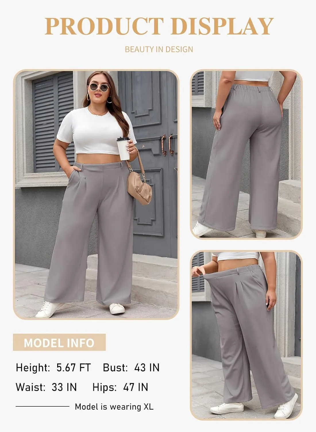 Eytino Womens Plus Size Wide Leg Dress Pants Elastic High Waisted Casual Waffle Palazzo Pants Trousers with Pockets(1X-5X)