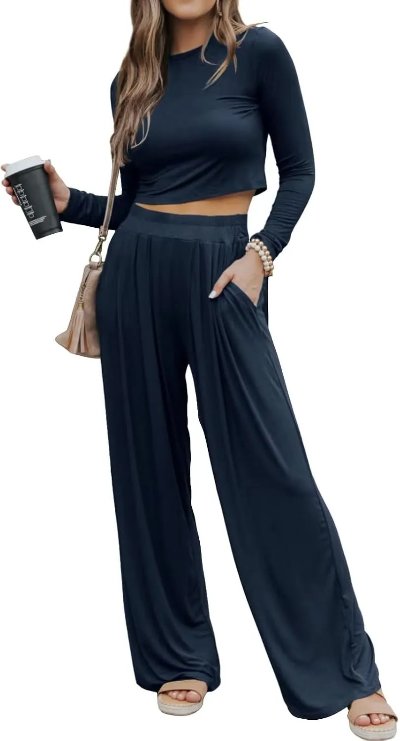 Ezbelle womenss Fall Fashion Lounge Sets Pajama Two Piece Cropped Pullover Jammies Outfits Casual Loungewear