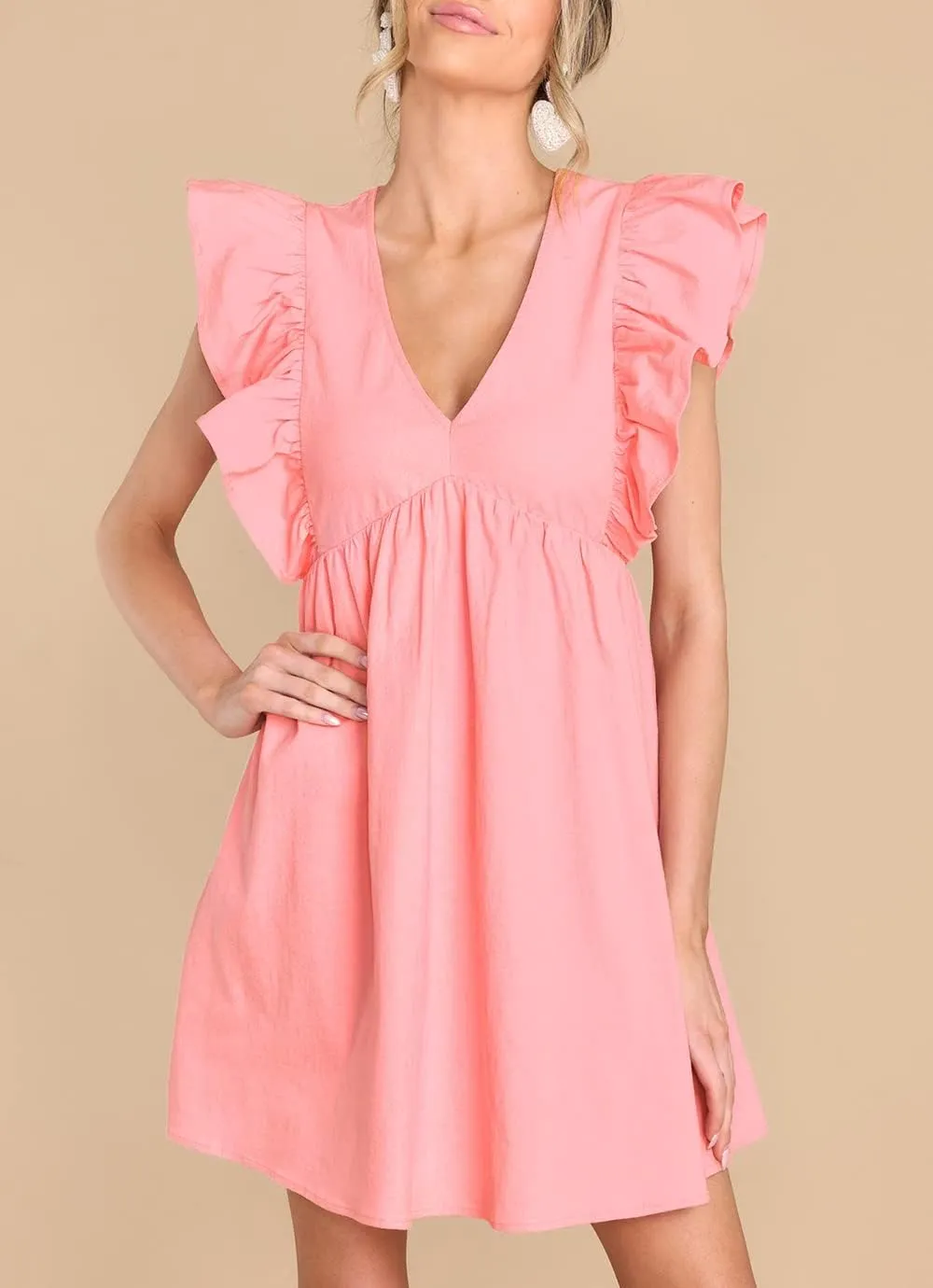 FANCYINN Women's Summer Casual Babydoll Mini Dress Ruffle Sleeveless Deep V Neck High Waist Swing Tunic Dress with Pockets