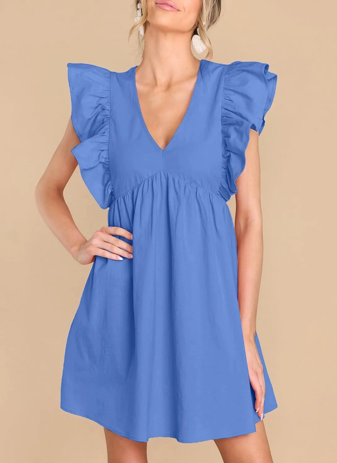 FANCYINN Women's Summer Casual Babydoll Mini Dress Ruffle Sleeveless Deep V Neck High Waist Swing Tunic Dress with Pockets