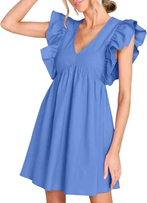 FANCYINN Women's Summer Casual Babydoll Mini Dress Ruffle Sleeveless Deep V Neck High Waist Swing Tunic Dress with Pockets