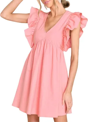 FANCYINN Women's Summer Casual Babydoll Mini Dress Ruffle Sleeveless Deep V Neck High Waist Swing Tunic Dress with Pockets
