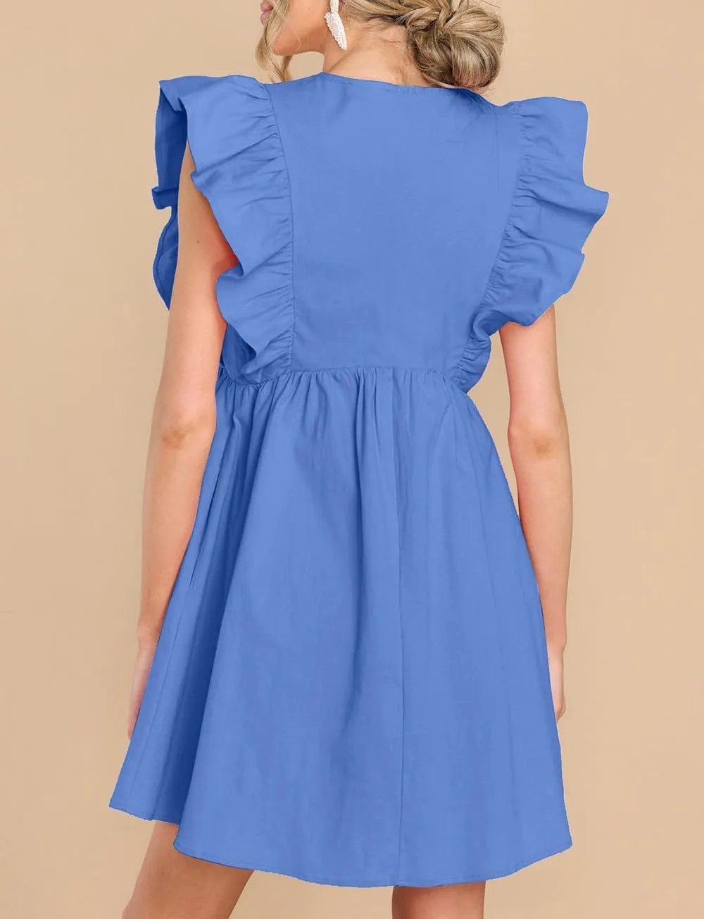 FANCYINN Women's Summer Casual Babydoll Mini Dress Ruffle Sleeveless Deep V Neck High Waist Swing Tunic Dress with Pockets