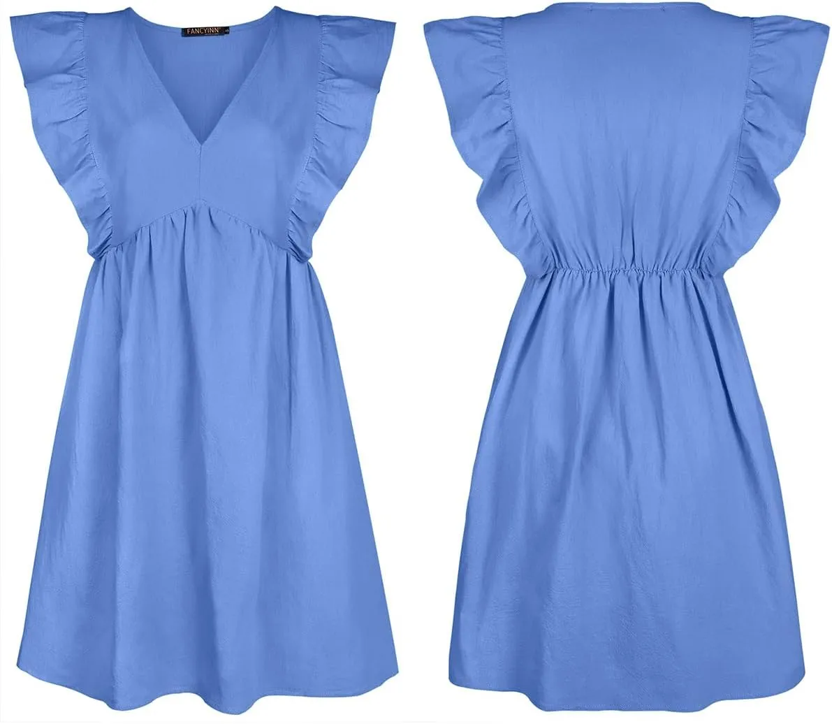 FANCYINN Women's Summer Casual Babydoll Mini Dress Ruffle Sleeveless Deep V Neck High Waist Swing Tunic Dress with Pockets