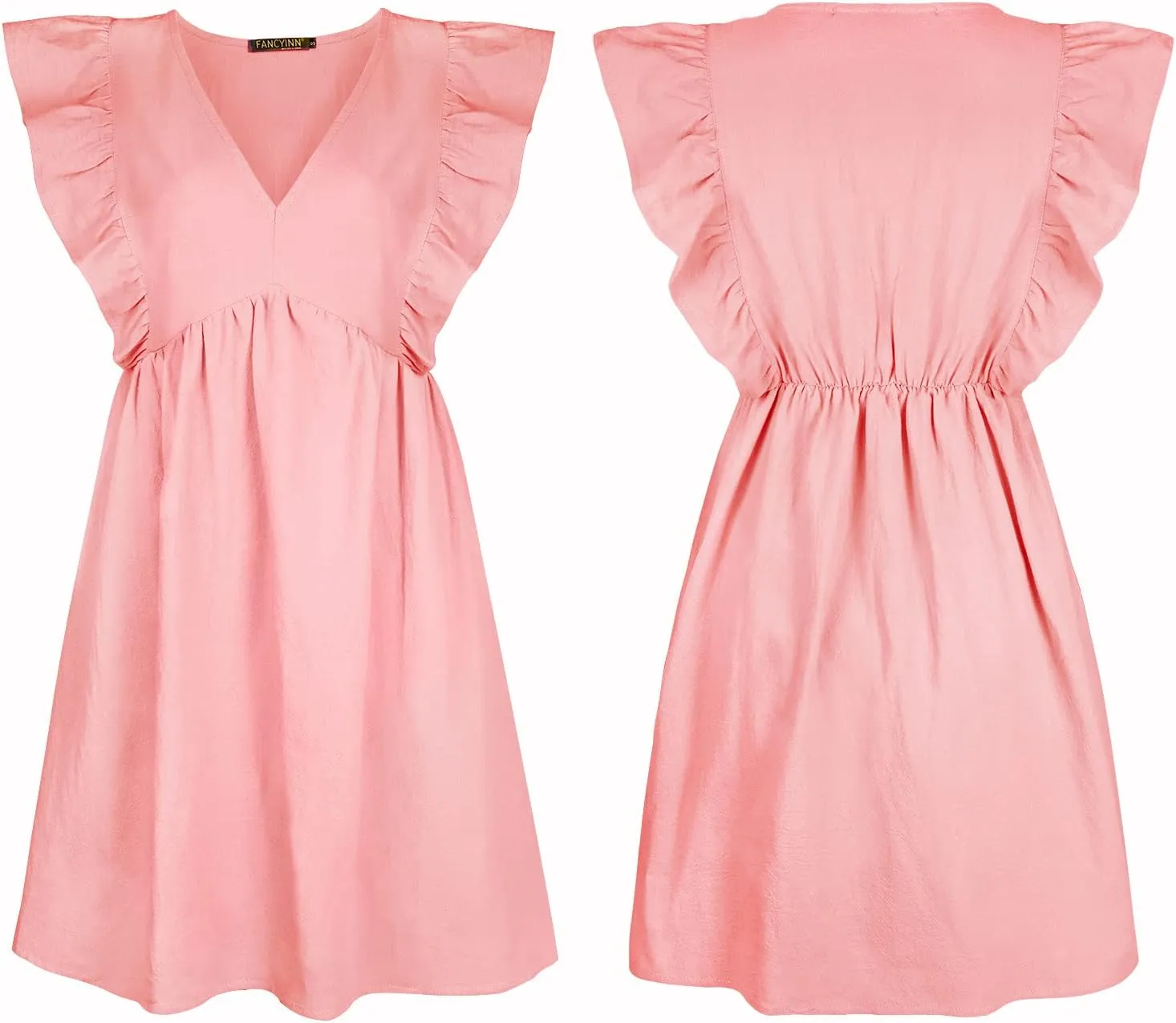 FANCYINN Women's Summer Casual Babydoll Mini Dress Ruffle Sleeveless Deep V Neck High Waist Swing Tunic Dress with Pockets