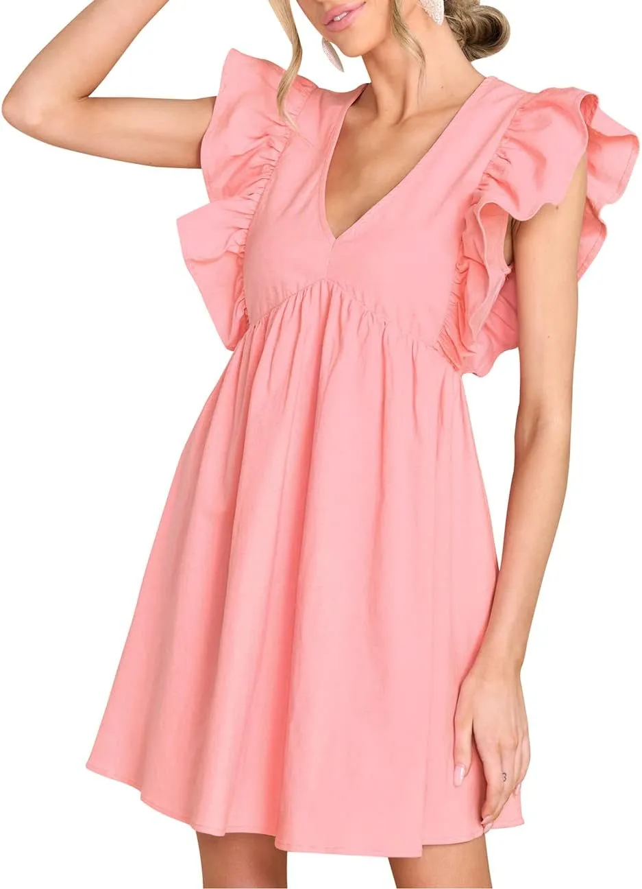 FANCYINN Women's Summer Casual Babydoll Mini Dress Ruffle Sleeveless Deep V Neck High Waist Swing Tunic Dress with Pockets